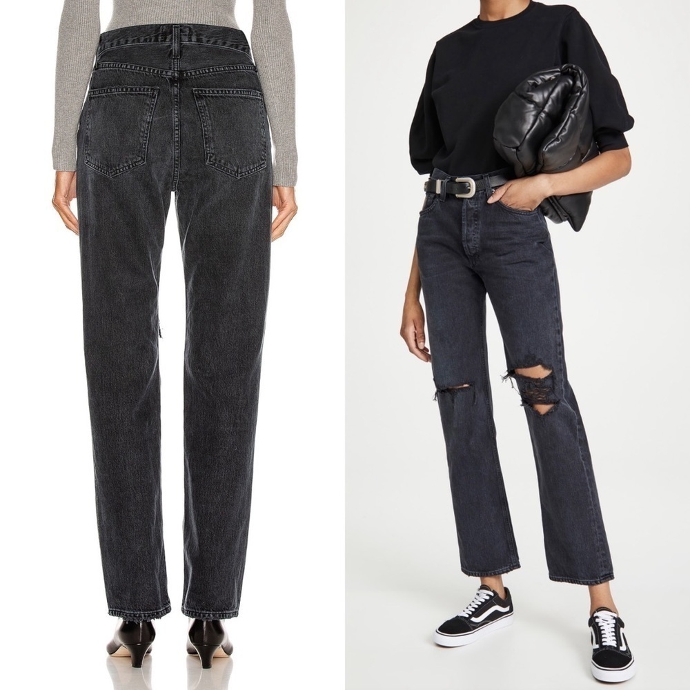 AGOLDE 90s Washed Black Distressed Denim Rip Knee Straight Leg Relaxed Jeans 23 - Picture 7 of 15